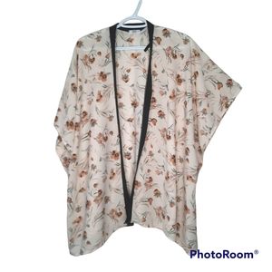 Ardene Tan Floral Kimono Cover Up Short Sleeve Black Contrast Trim Womens One Sz
